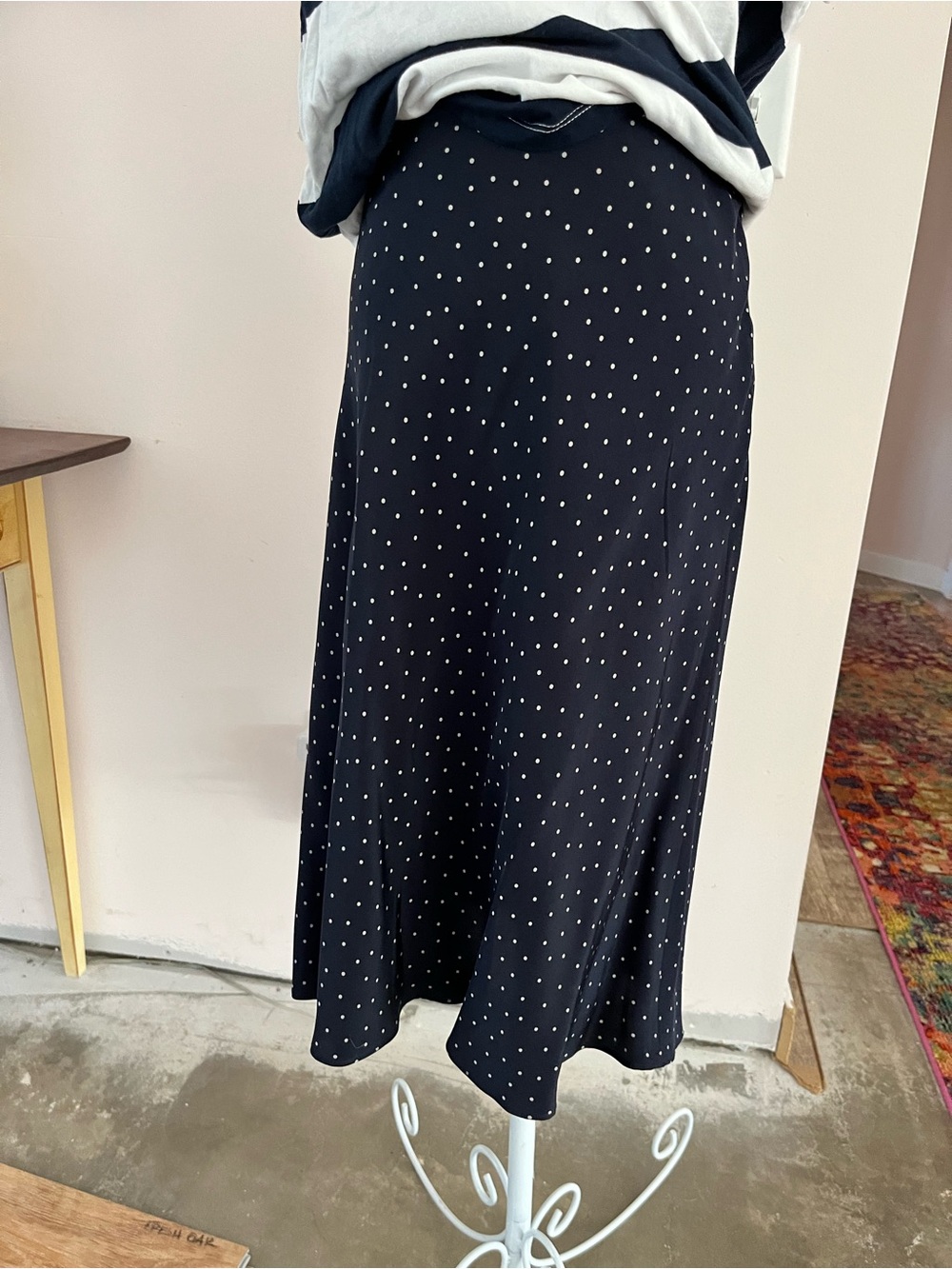 Brooks Brothers Navy Midi Skirt with White Polka Dots 100% Silk NWT